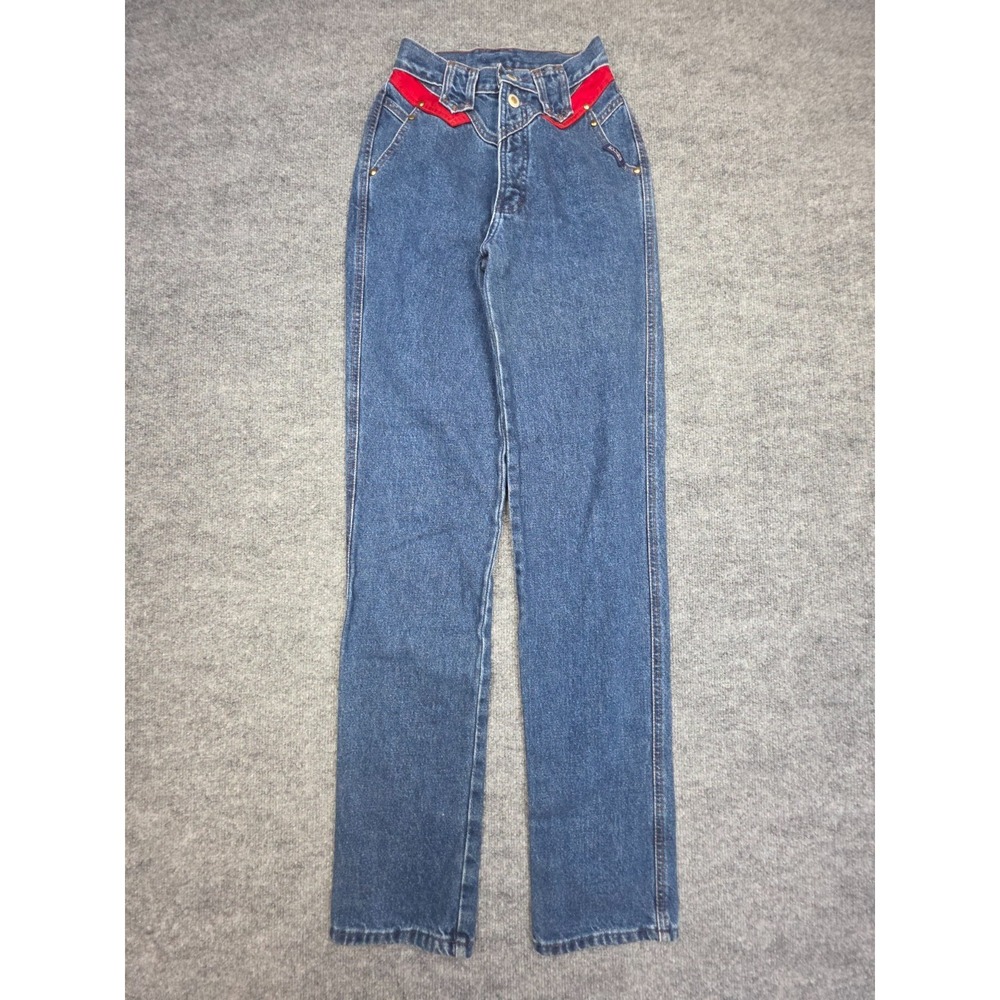 Women's High-Rise Blue Denim Jeans with Red Waist Trim
